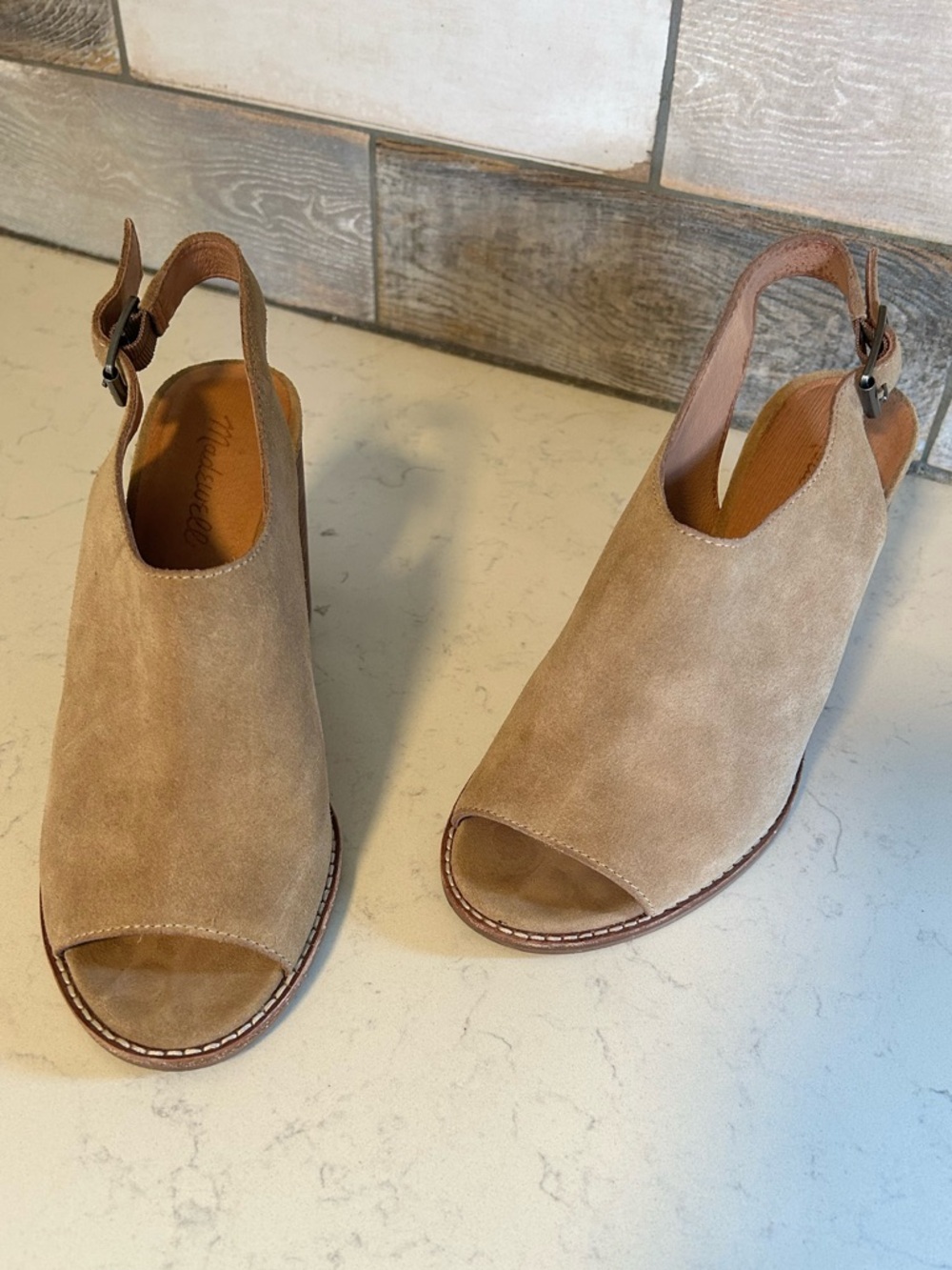 Madewell The Cary Sueded Peep Toe Heeled Sandal Mule Ankle Bootie in Faded Birch - Picture 7 of 16